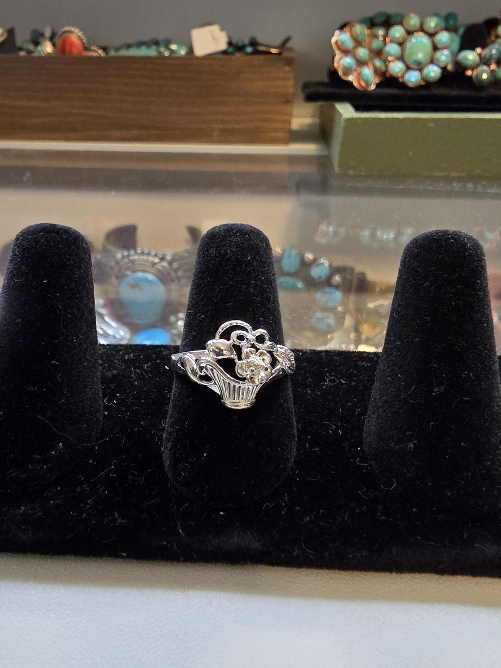 Sterling Silver Floral Basket Ring - Sz 7